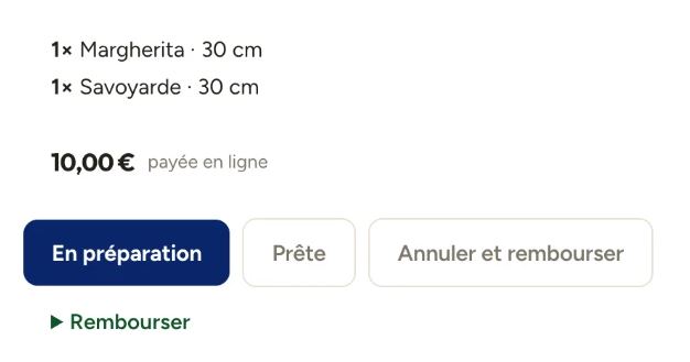 Une commande reçue dans l'espace de La cuisine du Murat : deux pizzas de 30 cm, 10,00 € payés en ligne, boutons En préparation, Prête et Annuler et rembourser