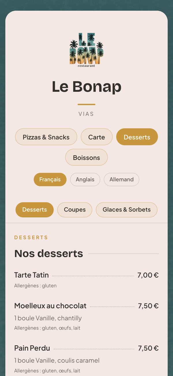 Carte des desserts du Bonap : tarte Tatin, moelleux au chocolat, pain perdu, chacun avec ses allergènes
