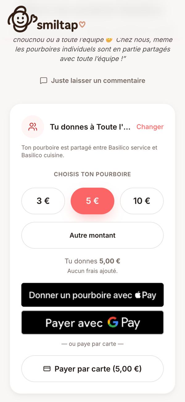 Choix du montant : 3 €, 5 € ou 10 €, autre montant, « Aucun frais ajouté », paiement par Apple Pay, Google Pay ou carte